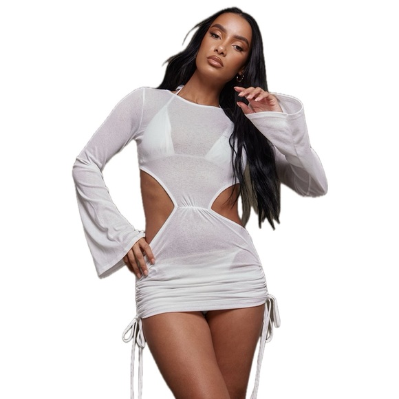 PrettyLittleThing White Bell Sleeve Cut Out Mini Beach Dress Size 8 - Picture 1 of 5
